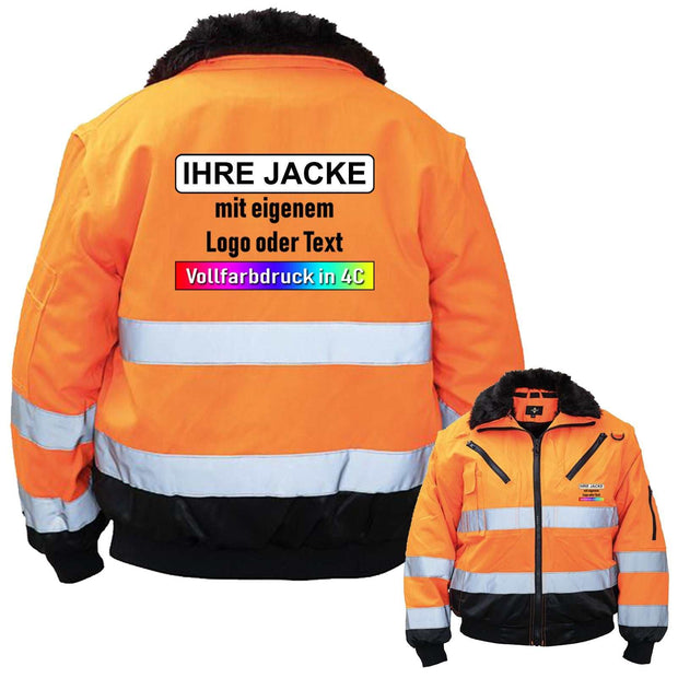 4-in-1 Premium Pilotenjacke Oslo in leuchtendem Orange mit reflektierenden Streifen und abnehmbarem Innenfutter, individuell bedruckbar, wasserabweisend und winddicht