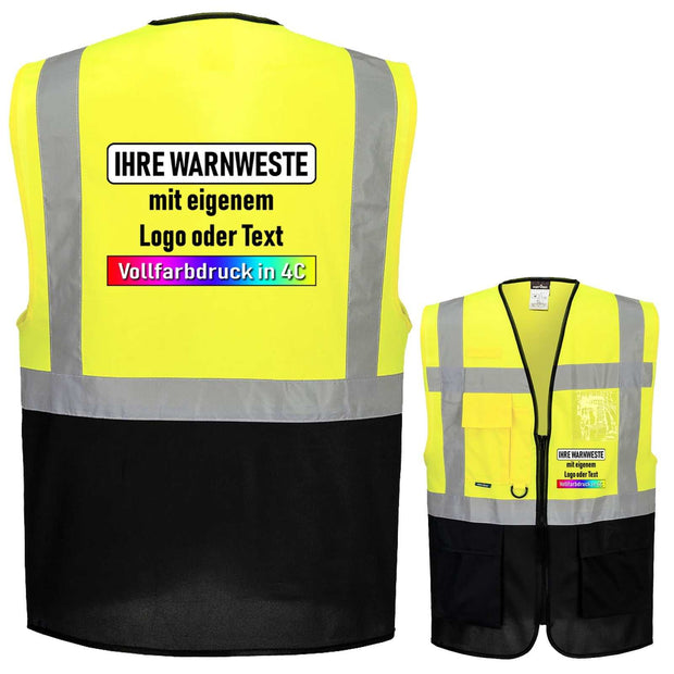 Portwest C276 executive safety vest with zipper, multiple pockets, reflective strips, and ID card holder for high visibility and comfort.