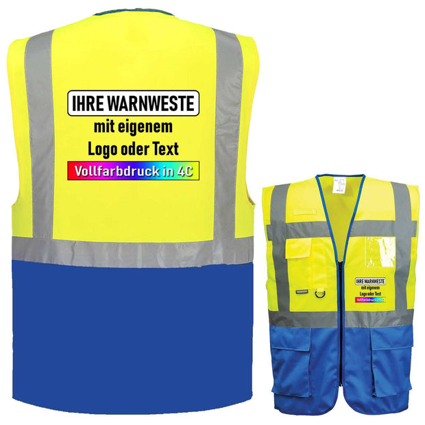 Portwest C276 Warnweste mit Reißverschluss, reflektierenden Streifen, mehreren Taschen und individuellem Vollfarbdruck in Gelb-Blau