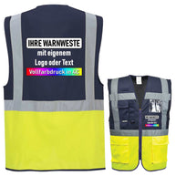 Portwest C276 executive high-visibility vest with zipper, multiple pockets, reflective strips, and optional custom printing in yellow and orange colors