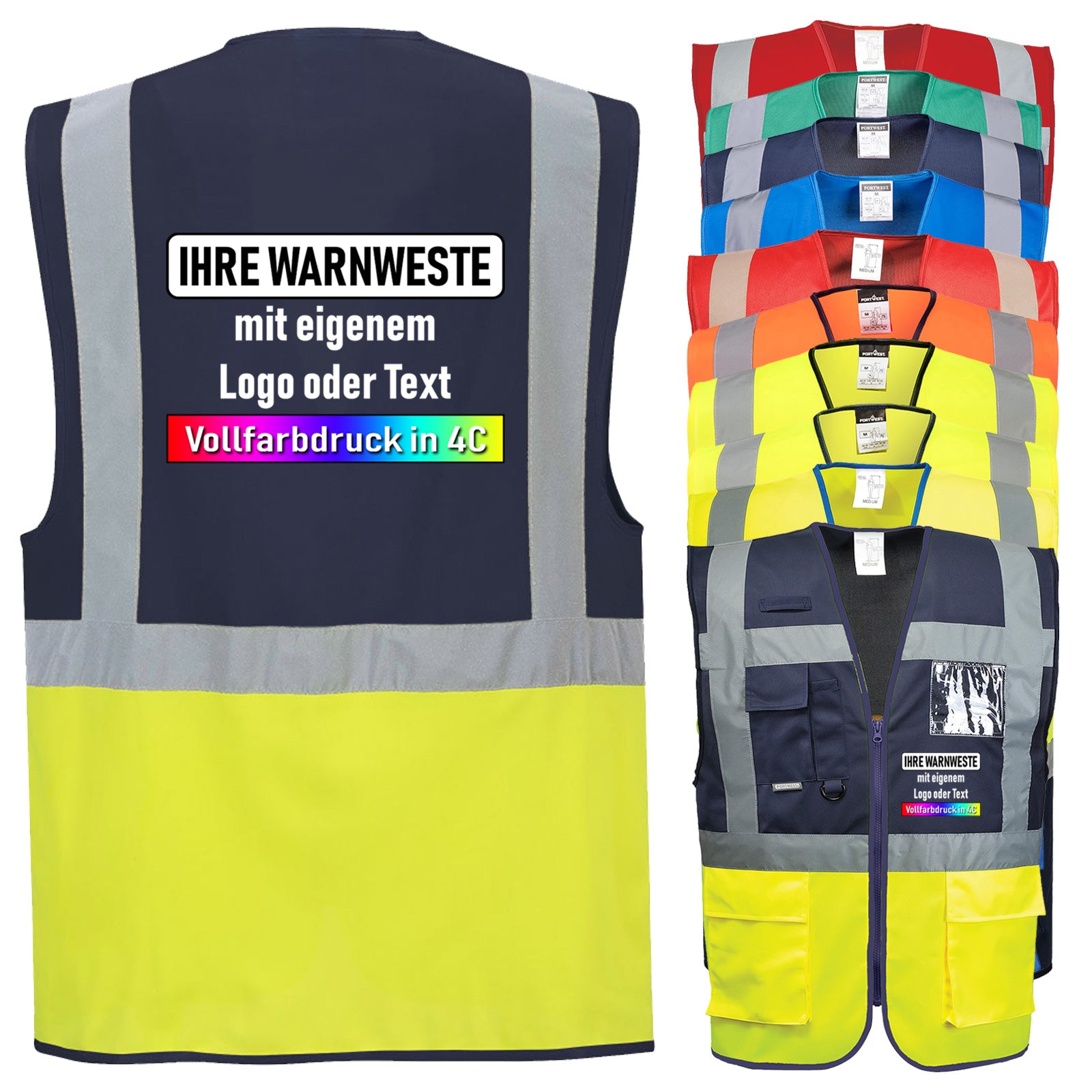 Portwest C276 (Paris), F476 (Iona), C476 (Warschau) Exekutiv Weste mit Reißverschluss und Taschen // optional mit Druck