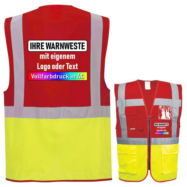 Portwest C276 executive safety vest with zipper, reflective strips, multiple pockets, and customizable printing options in red and yellow colors