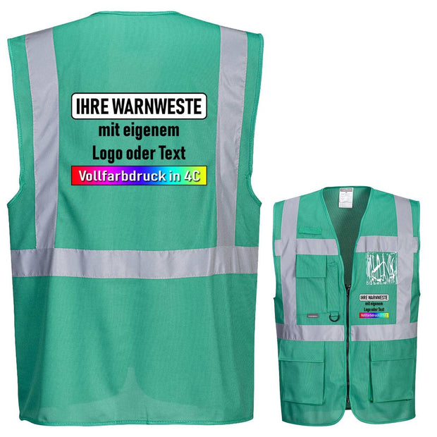 Portwest C276 safety vest green with reflective strips and customizable full-color printing on front and back
