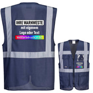 Portwest C276 executive safety vest with zipper, multiple pockets, reflective strips, and ID card holder for high visibility and comfort