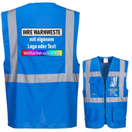 Portwest C276 high-visibility executive vest with zipper, multiple pockets, reflective stripes, and ID holder, certified EN ISO 20471.