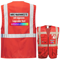 Portwest C276 high-visibility executive vest with zipper, multiple pockets, reflective strips, and optional print for enhanced safety and storage.