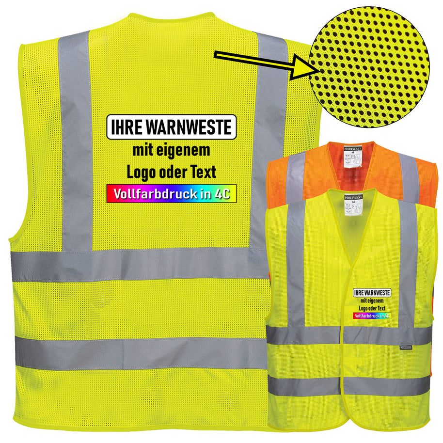 Portwest C370 Warnweste MeshAir Weste 4-Streifen mit Schulterreflexband // optional mit Druck