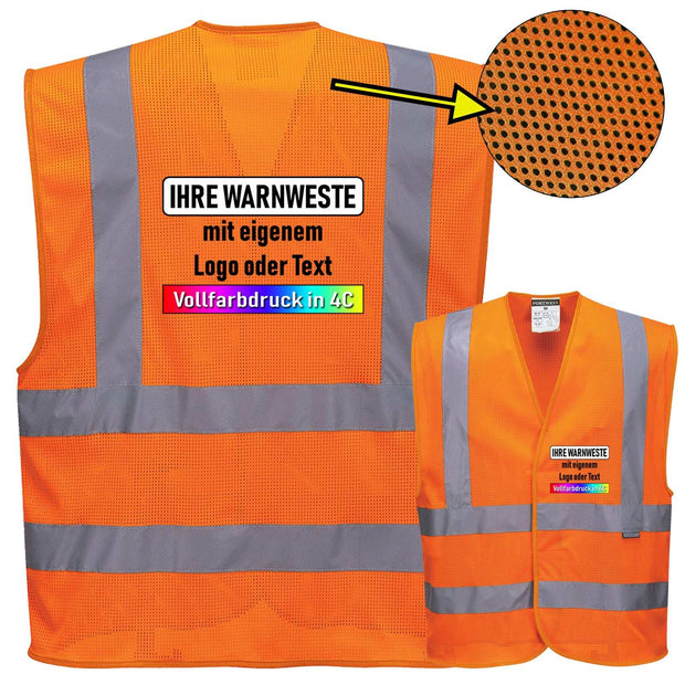 Orange Warnweste MeshAir mit 4 Streifen, Schulterreflexband und individuellem Vollfarbdruck