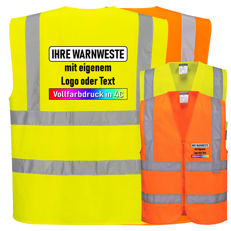 Portwest C375 Warnschutz Weste mit Schulterreflexband und Reißverschluss // optional mit Druck