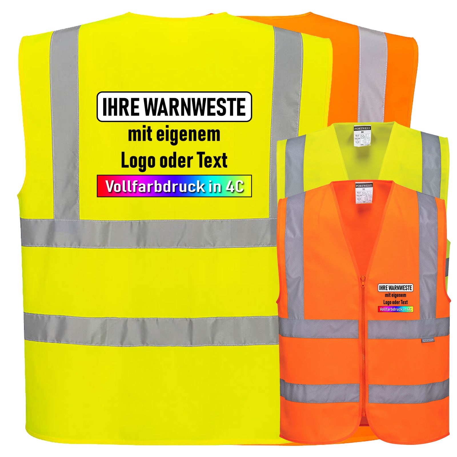 Portwest C375 Warnschutz Weste mit Schulterreflexband und Reißverschluss // optional mit Druck