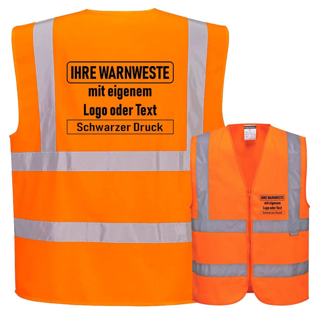 Orange Warnweste Portwest C375 mit Schulterreflexband und individuellem Druck gemäß EN ISO 20471