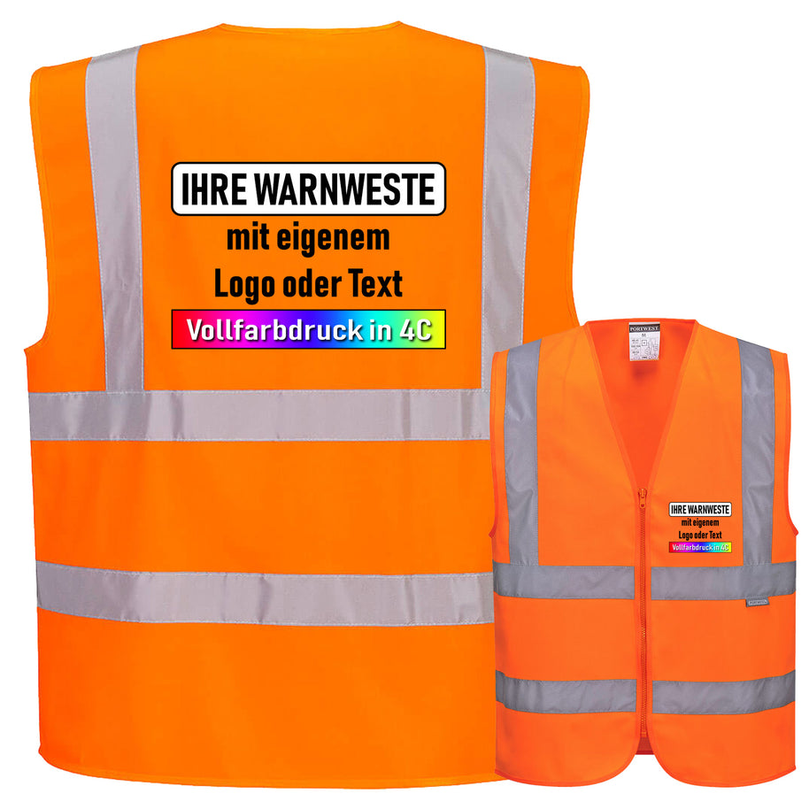 Portwest C375 Warnschutz Weste mit Schulterreflexband und Reißverschluss // optional mit Druck
