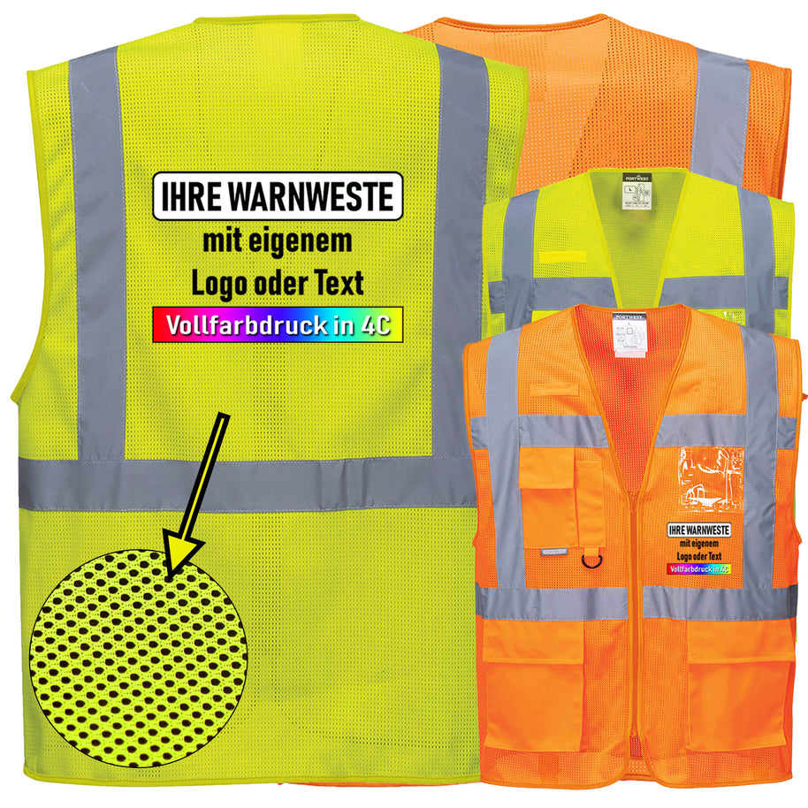 Portwest C376 Warnschutz MeshAir Exekutiv Weste mit 4 Streifen mit Reißverschluss und Taschen (komplett Mesh) // optional mit Druck