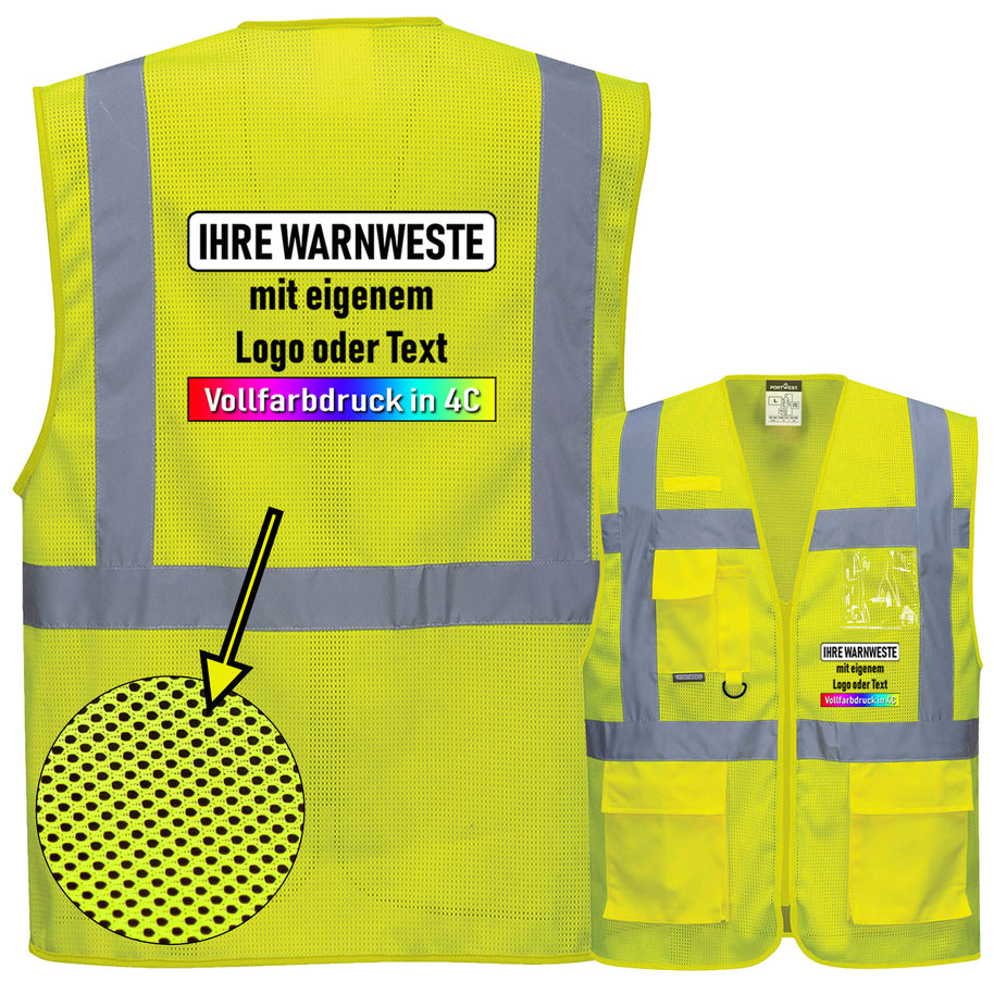Portwest C376 Warnschutz MeshAir Exekutiv Weste mit 4 Streifen mit Reißverschluss und Taschen (komplett Mesh) // optional mit Druck