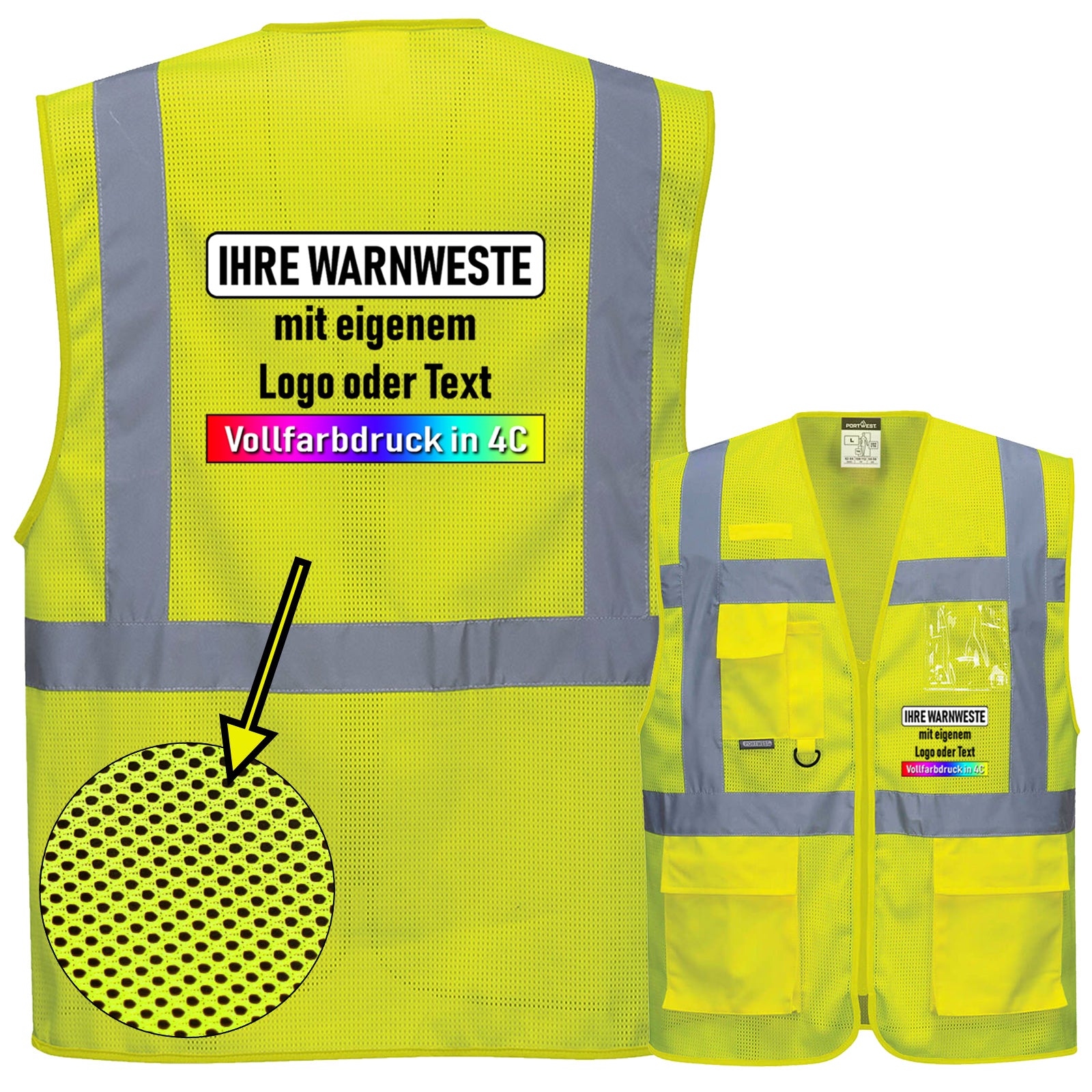 Portwest C376 Warnschutz MeshAir Exekutiv Weste mit 4 Streifen mit Reißverschluss und Taschen (komplett Mesh) // optional mit Druck