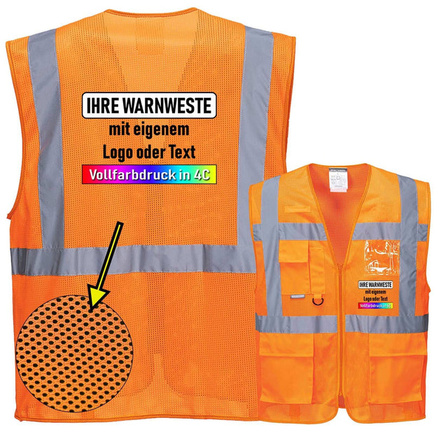 Portwest C376 Warnschutz MeshAir Hi-Vis Mesh Executive Safety Vest with 4 Reflective Stripes, Zipper, and Multiple Pockets in Yellow and Orange