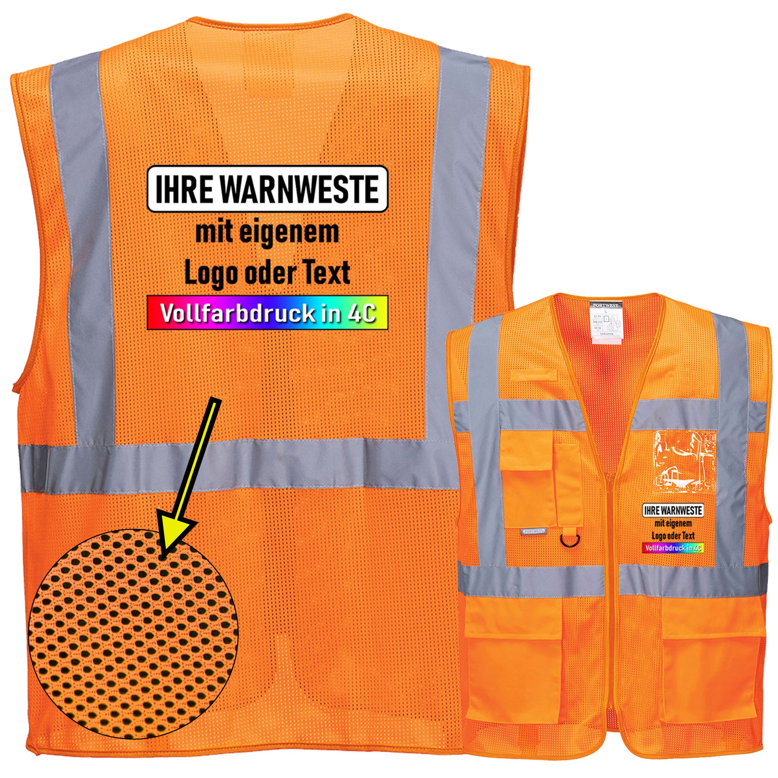 Portwest C376 Warnschutz MeshAir Exekutiv Weste mit 4 Streifen mit Reißverschluss und Taschen (komplett Mesh) // optional mit Druck