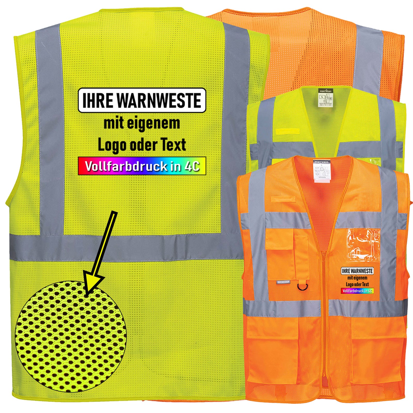 Portwest C376 Warnschutz MeshAir Exekutiv Weste mit 4 Streifen mit Reißverschluss und Taschen (komplett Mesh) // optional mit Druck
