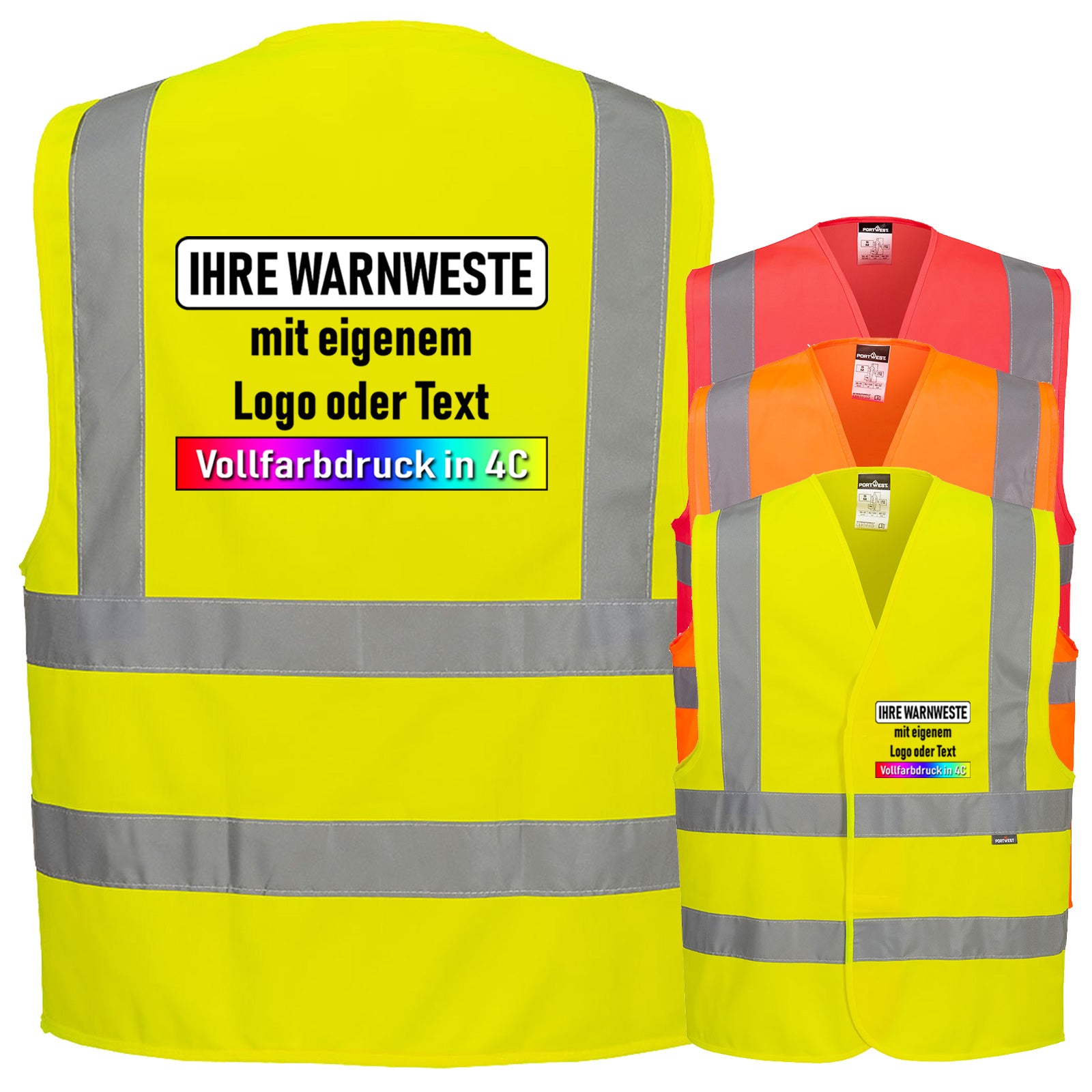 Portwest C470 4-Streifen Warnweste mit Schulterreflexband & Klettverschluss // optional mit Druck