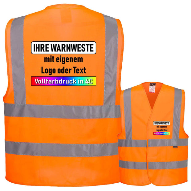 Portwest C470 Warnweste mit Schulterreflexband, Klettverschluss und individuellem Vollfarbdruck in Signal-Orange, zertifiziert nach EN ISO 20471, ideal für Sicherheit und Sichtbarkeit.