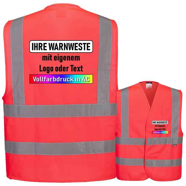 Portwest C470 Warnweste in Signal-Rot mit Schulterreflexband, Klettverschluss und individuellem Vollfarbdruck