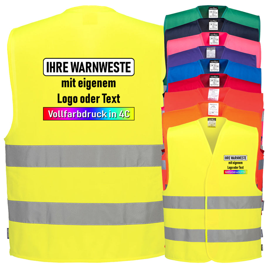 Portwest C474 / F474 Warnweste mit zwei Reflexstreifen & Klettverschluss // optional mit Druck