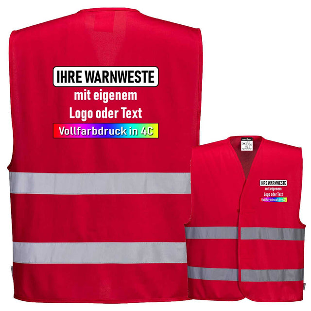 Warnweste Portwest C474 in Signal-Rot mit zwei reflexstreifen und individuellem Vollfarbdruck