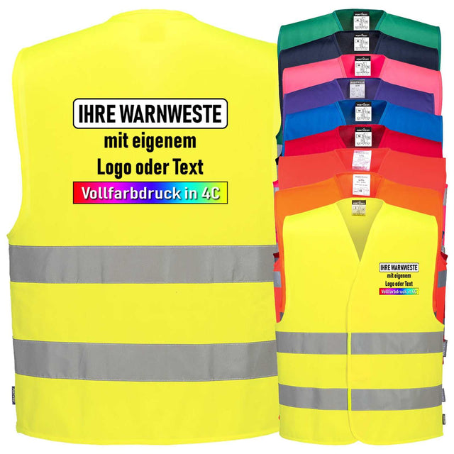 Warnweste Portwest C474 mit zwei Reflexstreifen und Klettverschluss in Gelb, Orange und Signal-Rot, zertifiziert nach EN ISO 20471 Klasse 2