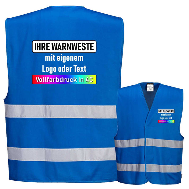 Blau Warnweste Portwest C474 mit zwei Reflexstreifen und individuellem Vollfarbdruck in 4C