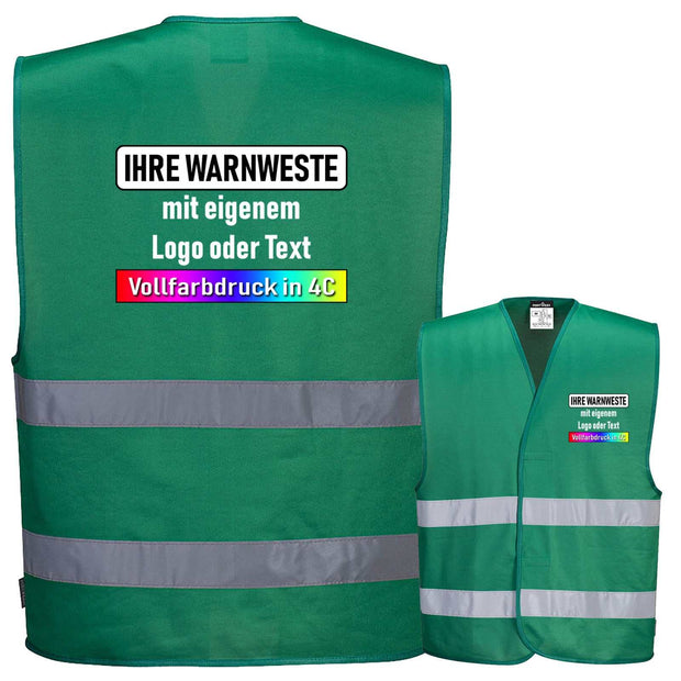 Warnweste Portwest C474 grün mit zwei reflektierenden Streifen und individuellem Vollfarbdruck in 4C