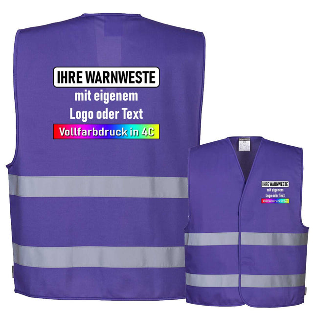 Warnweste Portwest C474 lila mit zwei Reflexstreifen und individuellem Vollfarbdruck, Klettverschluss, hohe Sichtbarkeit