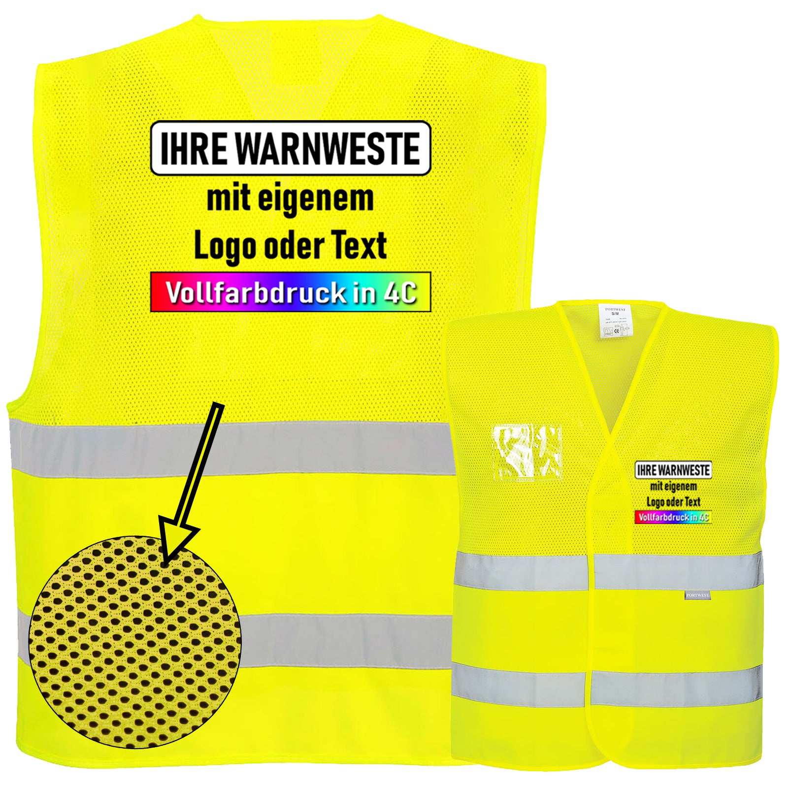 Portwest C494 Hi-Vis Halb-Mesh Warnweste mit 2 Reflexstreifen und Klettverschluss in Gelb