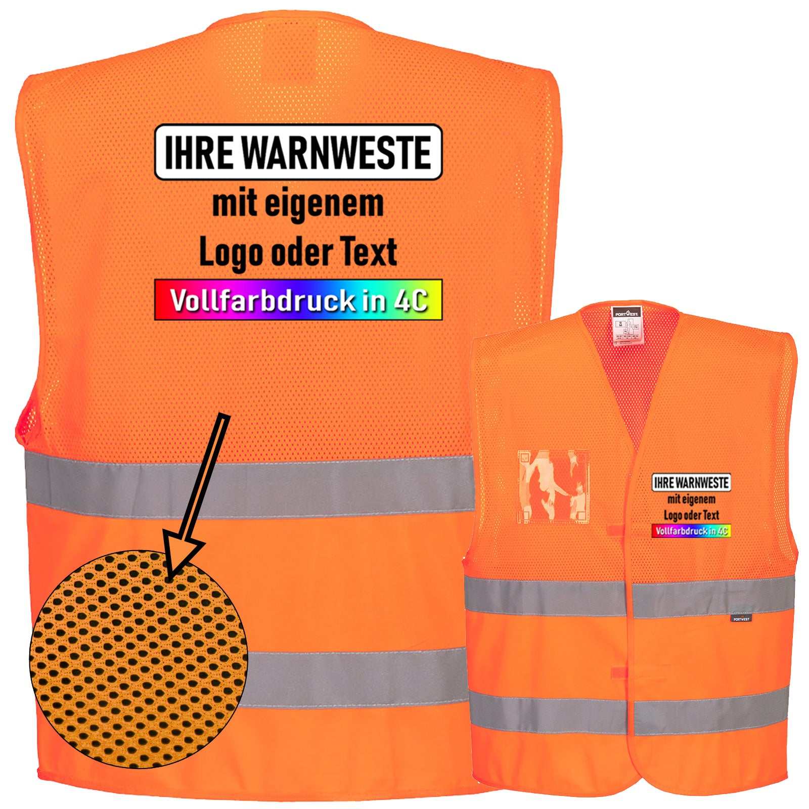Portwest C494 Hi-Vis halb-mesh Weste mit reflektierenden Streifen und Klettverschluss, atmungsaktiv und CE-zertifiziert