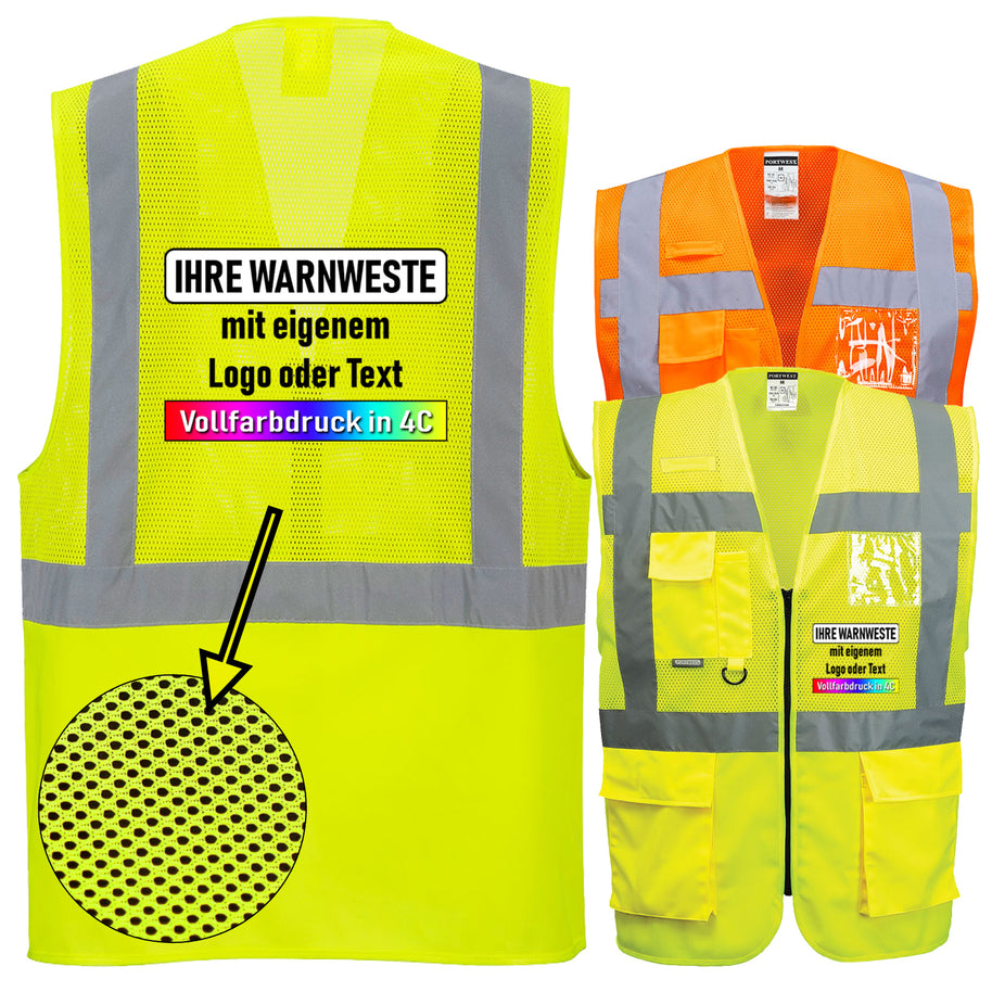 Portwest C496 Madrid Warnschutz MeshAir Exekutiv Weste mit Reißverschluss // optional mit Druck
