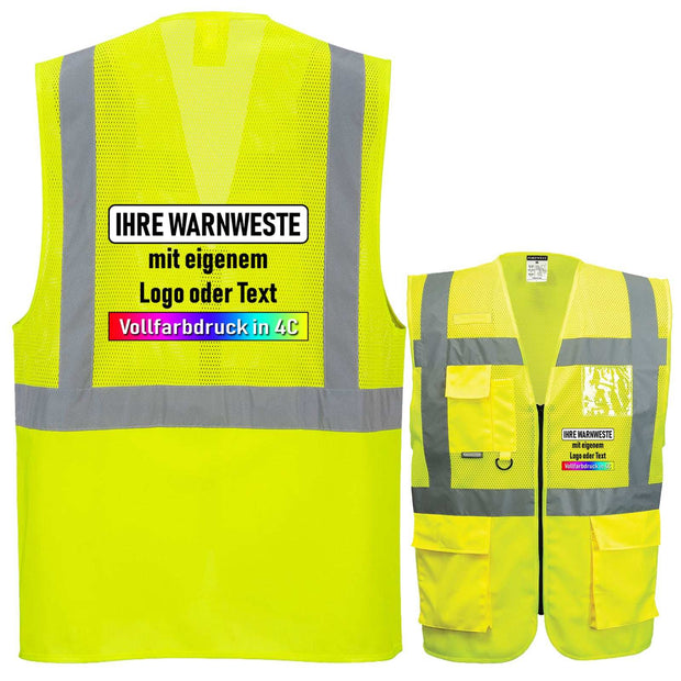 Portwest C496 Warnwesten in Gelb mit reflektierenden Streifen, MeshAir Oberteil, Reißverschluss, sieben Taschen und individuellem Vollfarbdruck