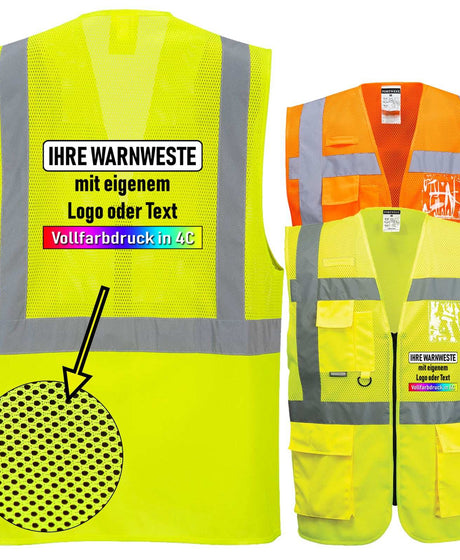 Warnwesten C496 Madrid MeshAir Sicherheitsweste mit Reißverschluss und individuell bedruckbar in Gelb und Orange, hohe Sichtbarkeit mit reflektierenden Streifen, atmungsaktiv und langlebig
