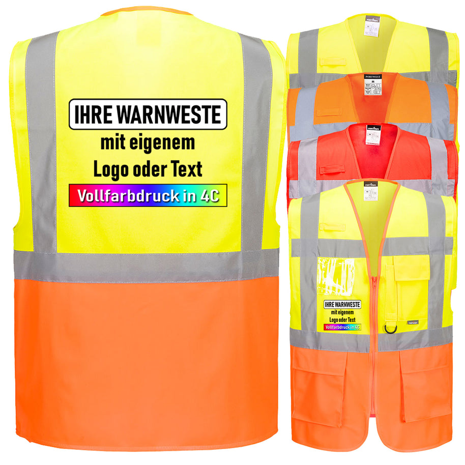 Portwest S476 (Berlin) & S376 (Prag) Premium Warnschutz Exekutiv Warnweste mit Reißverschluss, Taschen und 4 Leuchtstreifen // optional mit Druck