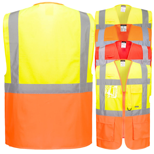 Portwest S476 (Berlin) & S376 (Prag) Premium Warnschutz Exekutiv Warnweste mit Reißverschluss, Taschen und 4 Leuchtstreifen // optional mit Druck