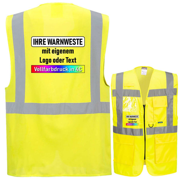 Warnschutz Exekutiv Warnweste in Gelb mit Reißverschluss, Taschen und reflektierenden Streifen, individuell bedruckbar