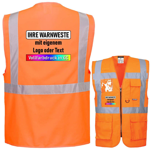 Orange Warnschutz Exekutiv Warnweste mit Reißverschluss, Taschen, 4 reflektierenden Streifen und individuellem 4C Vollfarbdruck