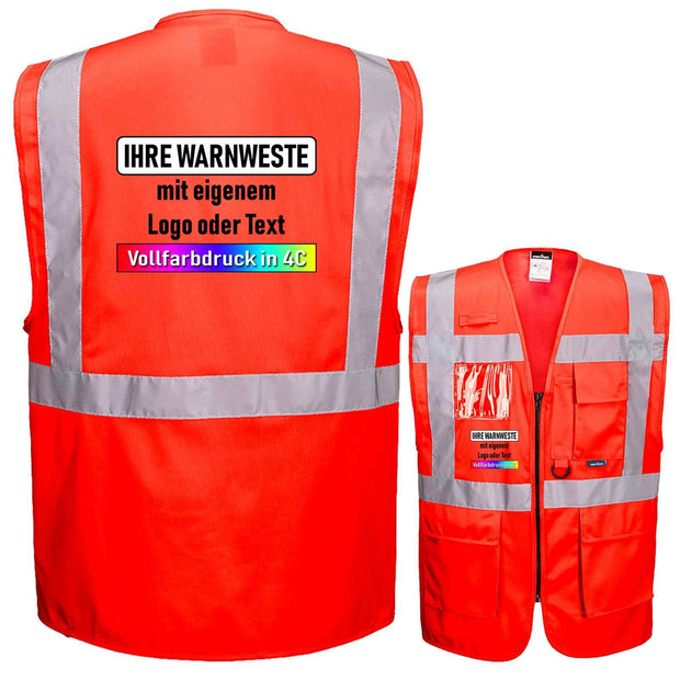 Orange Warnschutz Exekutiv Warnweste mit Reißverschluss, Taschen, vier Leuchtstreifen und individuellem Druck optionale Anpassung