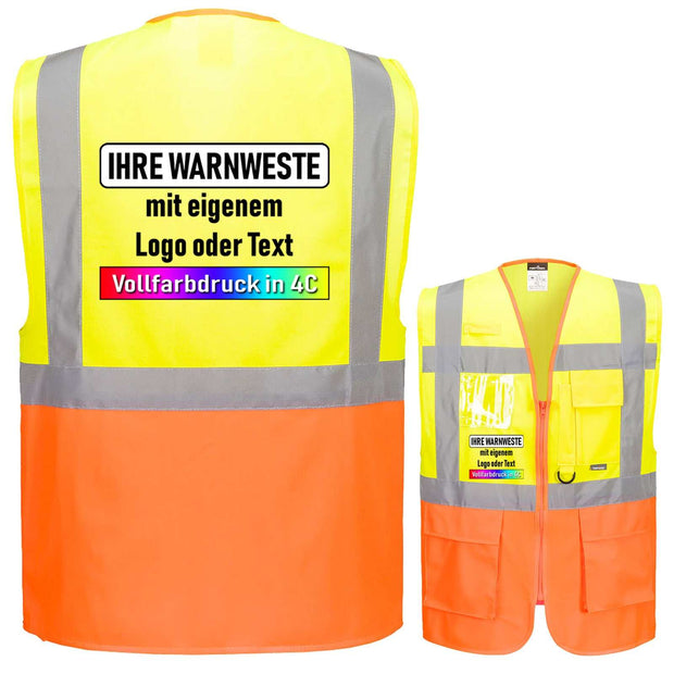 Portwest S476 Premium Warnschutz Exekutiv Warnweste mit Reißverschluss, Taschen und 4 reflektierenden Streifen in Gelb und Orange, individuell bedruckbar