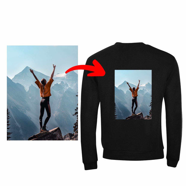 schwarzer Kapuzen-Sweater mit eigenem Foto-Druck auf dem Rücken, personalisierbarer Sol's Comet Pullover aus weichem 50/50 Baumwolle-Polyester-Mischgewebe