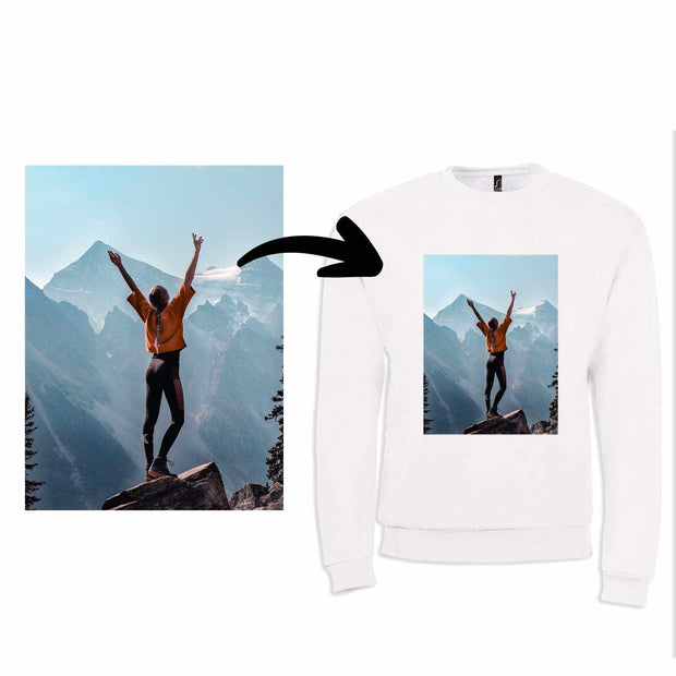 Weißer Kapuzen-Sweater mit eigenem Foto-Druck eines Bergpanoramas und stehender Person