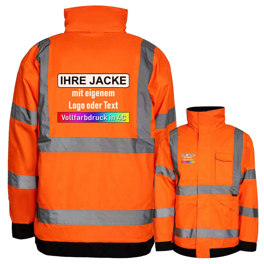 Orange Regenjacke Lite Kaunas mit reflektierenden Leuchtstreifen und individuellem Druck, wind- und wasserdicht, mit Taschen und verstaubarer Kapuze