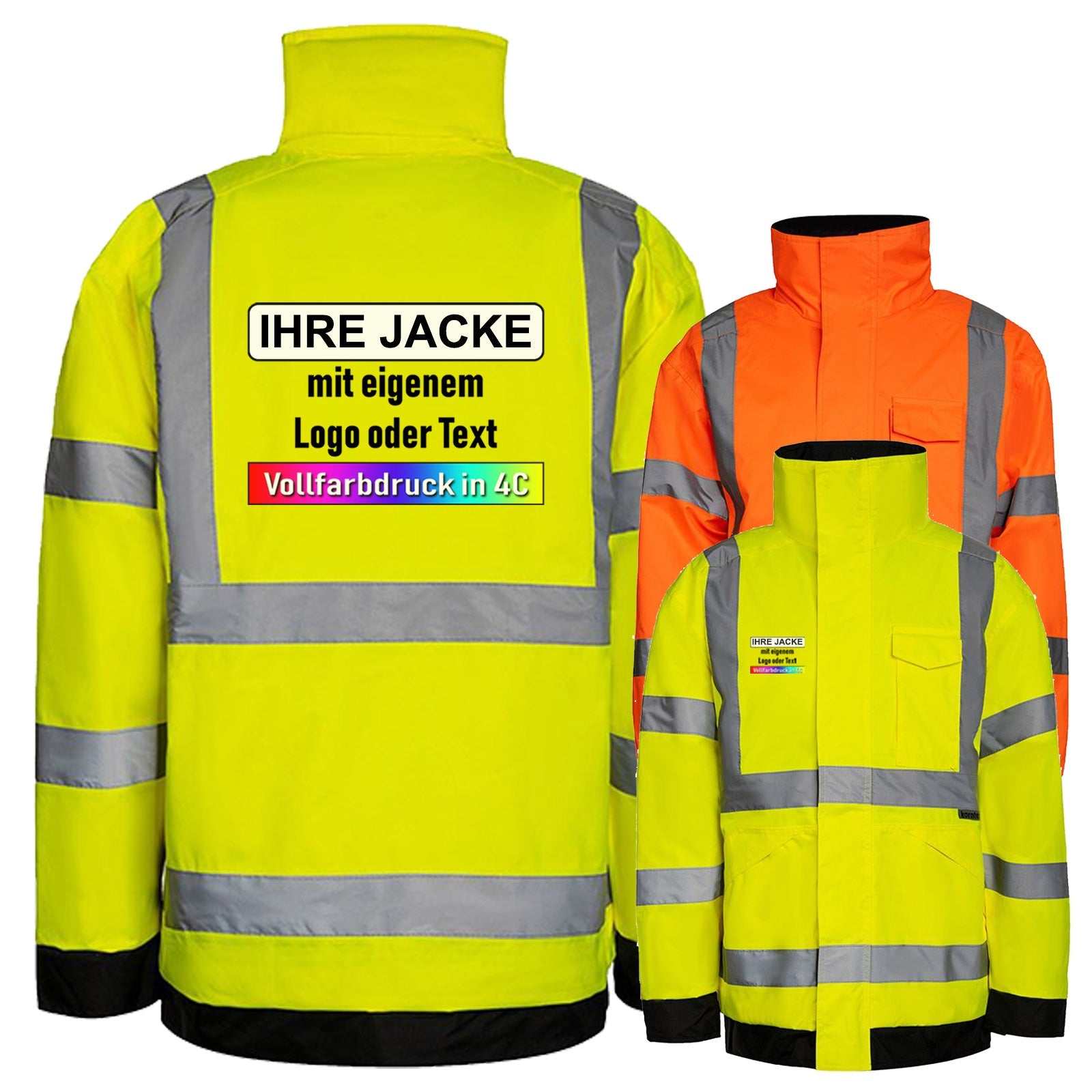 Hi-vis Regenjacke Lite „Kaunas“ mit 4 Reflexstreifen, wasser- und winddicht, optional mit individuellem Druck in Gelb und Orange