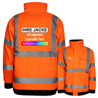 Orange Regenjacke Lite Kaunas mit reflektierenden Leuchtstreifen und individuellem Druck, wind- und wasserdicht, mit Taschen und verstaubarer Kapuze