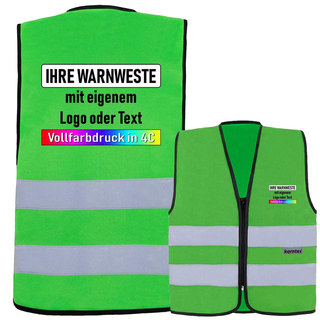 Grüne Korntex Reißverschluss-Warnweste für Kinder mit zwei Leuchtstreifen und individuellem Vollfarbdruck