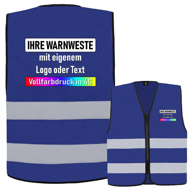 Kinder Reißverschluss-Warnweste Korntex Aalborg in Blau mit zwei Leuchtstreifen und individuellem Vollfarbdruck