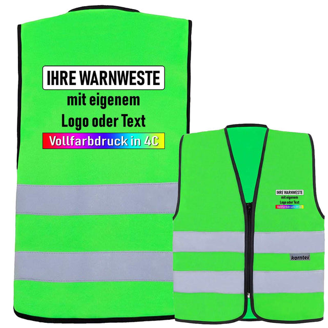 Grüne Korntex Reißverschluss-Warnweste für Kinder mit zwei Leuchtstreifen und individuell bedruckbarem Text oder Logo